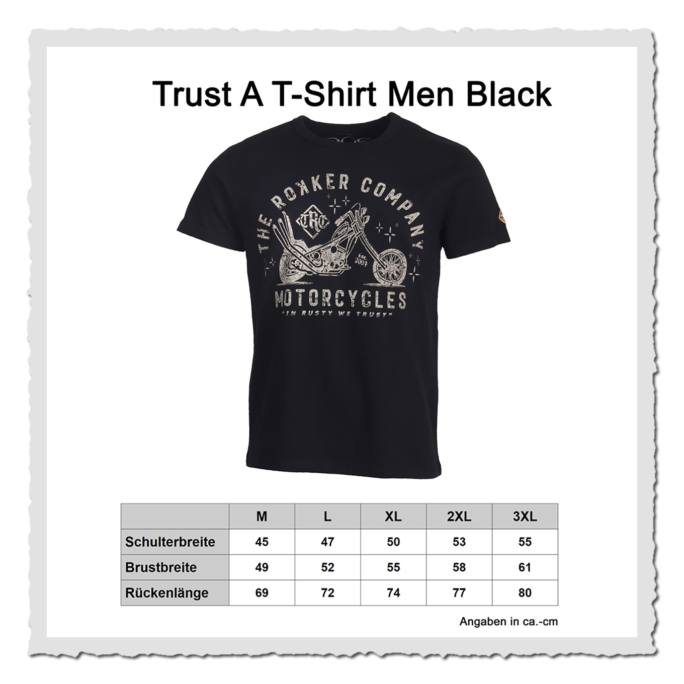 Produktgrafik eines schwarzen T-Shirts mit eingeblendeter Größentabelle auf hellem Hintergrund.